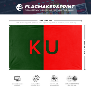 A mockup depicting custom flag specifications and measurements for 'kaldoria united flag'