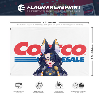 A mockup depicting custom flag specifications and measurements for 'Eggo Wholesale flag'