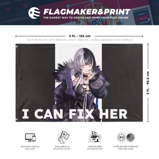A mockup depicting custom flag specifications and measurements for 'Shiori flag'