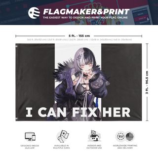 A mockup depicting custom flag specifications and measurements for 'Shiori flag'
