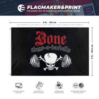 A mockup depicting custom flag specifications and measurements for 'Bone thugs-n-barbells flag'