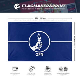 A mockup depicting custom flag specifications and measurements for 'OFN Flag'
