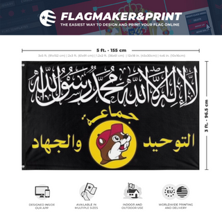 A mockup depicting custom flag specifications and measurements for 'buc'ees state of islam flag'