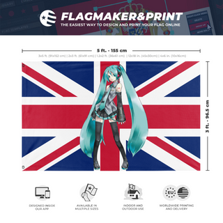 A mockup depicting custom flag specifications and measurements for 'MIKU UNION JACK flag'