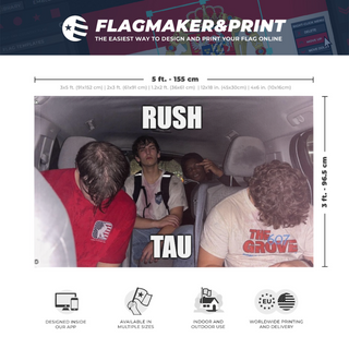A mockup depicting custom flag specifications and measurements for 'rush tau flag'
