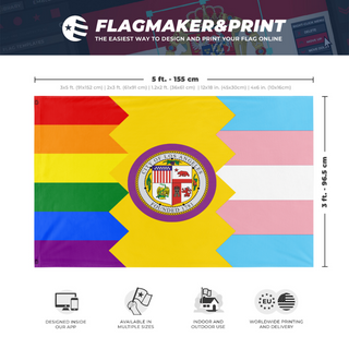 A mockup depicting custom flag specifications and measurements for 'LA pride flag'