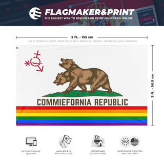 A mockup depicting custom flag specifications and measurements for 'Queer Commiefornia flag'