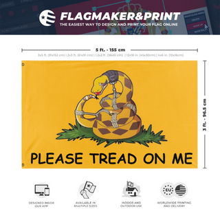 A mockup depicting custom flag specifications and measurements for 'Please Tread On Me flag'