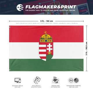 A mockup depicting custom flag specifications and measurements for 'Kingdom of Hungary flag'