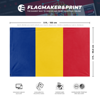 A mockup depicting custom flag specifications and measurements for 'Romania flag'