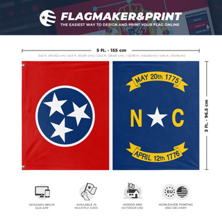 A mockup depicting custom flag specifications and measurements for 'Tennessee - North Carolina Heritage flag'