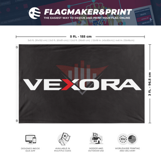 A mockup depicting custom flag specifications and measurements for 'vexora flag'