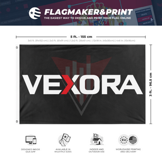 A mockup depicting custom flag specifications and measurements for 'vexora2 flag'