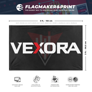 A mockup depicting custom flag specifications and measurements for 'vexora3 flag'