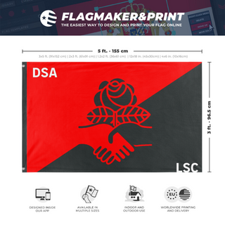A mockup depicting custom flag specifications and measurements for 'American Democratic Socialist Althistory flag'