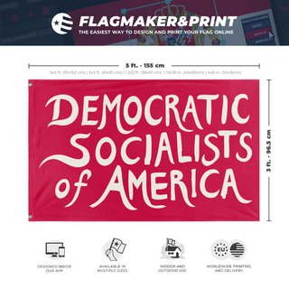 A mockup depicting custom flag specifications and measurements for 'Democratic Socialists of America flag'