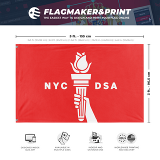 A mockup depicting custom flag specifications and measurements for 'New York Democratic Socialists flag'