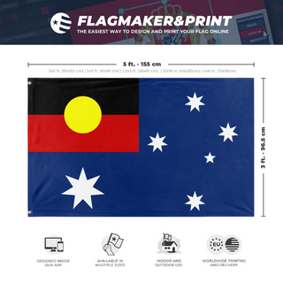 A mockup depicting custom flag specifications and measurements for 'Australia flag with Aboriginal Flag Canton'