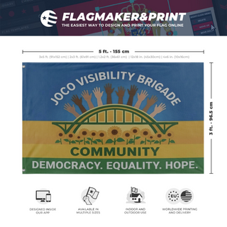 A mockup depicting custom flag specifications and measurements for 'JoCoVBLogo flag'