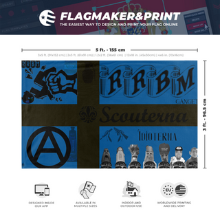 A mockup depicting custom flag specifications and measurements for 'RRBM FLAG'