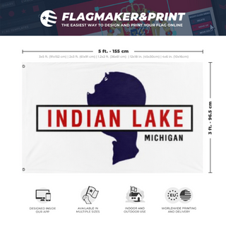 A mockup depicting custom flag specifications and measurements for 'Indian Lake flag'