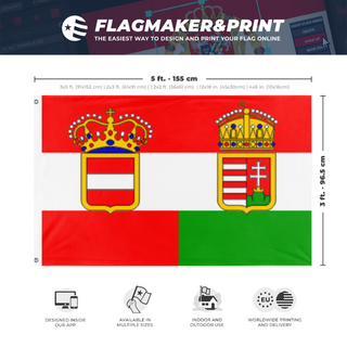 A mockup depicting custom flag specifications and measurements for 'Austria Hungary flag'
