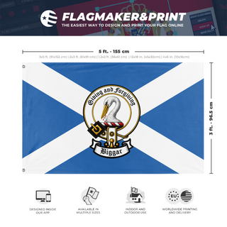 A mockup depicting custom flag specifications and measurements for 'Biggar Crest flag'