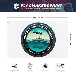 A mockup depicting custom flag specifications and measurements for 'TSCPCOLA flag'