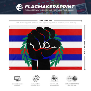 A mockup depicting custom flag specifications and measurements for 'Hawaiian Independence flag'