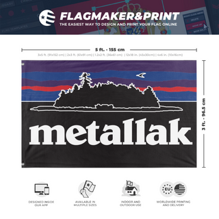 A mockup depicting custom flag specifications and measurements for 'Metallak Island flag'
