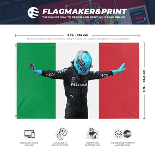 A mockup depicting custom flag specifications and measurements for 'RUSSITALY flag'