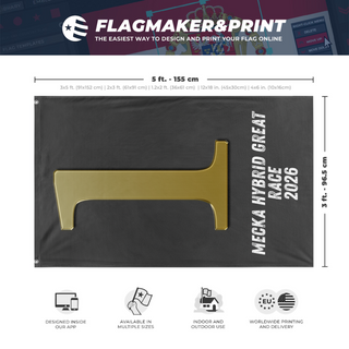 A mockup depicting custom flag specifications and measurements for '1st Place flag'