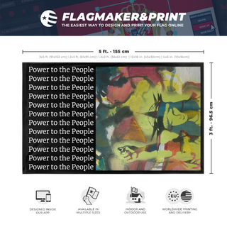A mockup depicting custom flag specifications and measurements for 'Power to the People flag'