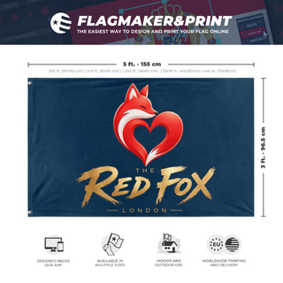 A mockup depicting custom flag specifications and measurements for 'Redfox flag'