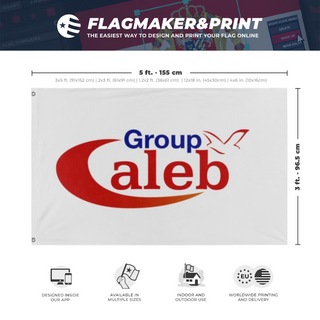 A mockup depicting custom flag specifications and measurements for 'Caleb flag'