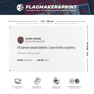 A mockup depicting custom flag specifications and measurements for 'I serve my country flag'
