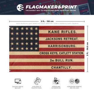 A mockup depicting custom flag specifications and measurements for 'kanes rifles flag'
