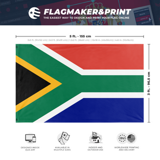 A mockup depicting custom flag specifications and measurements for 'Flag of South Africa'