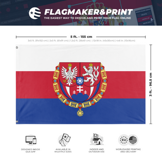 A mockup depicting custom flag specifications and measurements for 'Modern Zapadoslavia flag'