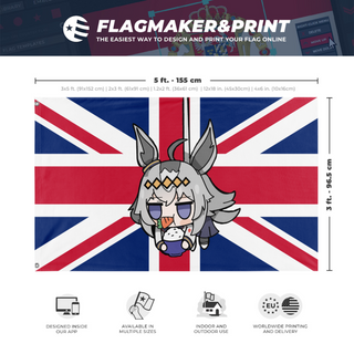 A mockup depicting custom flag specifications and measurements for 'union_oguri_fat flag'