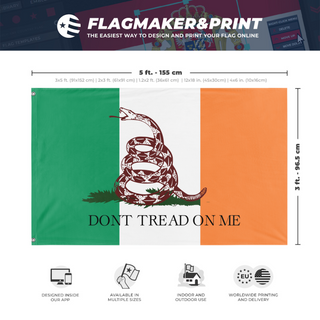 A mockup depicting custom flag specifications and measurements for 'irish snake flag'