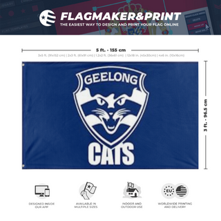 A mockup depicting custom flag specifications and measurements for 'csgeelong flag'