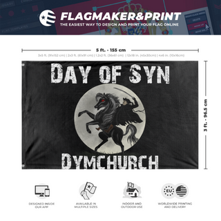 A mockup depicting custom flag specifications and measurements for 'Day of Syn flag'