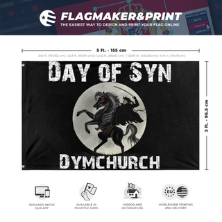A mockup depicting custom flag specifications and measurements for 'day of syn flag'