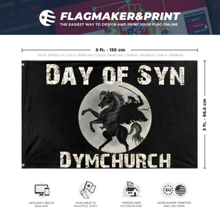 A mockup depicting custom flag specifications and measurements for 'Day of Syn flag'