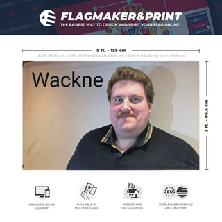 A mockup depicting custom flag specifications and measurements for 'Wackne flag'