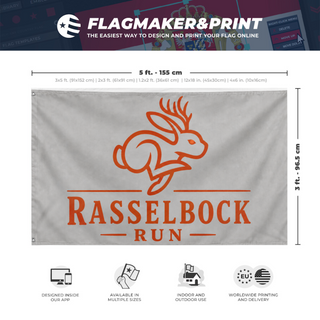 A mockup depicting custom flag specifications and measurements for 'Rasselbock flag'