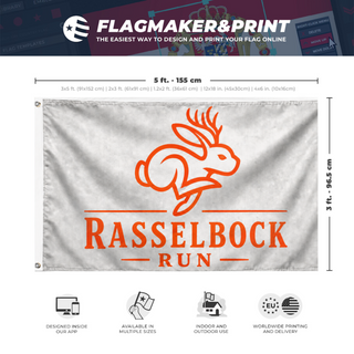 A mockup depicting custom flag specifications and measurements for 'rasselbock flag'