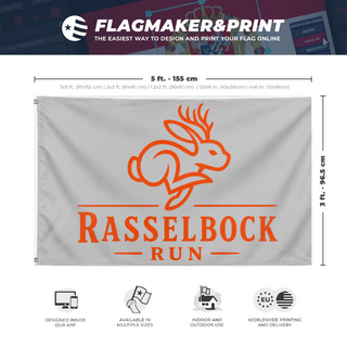 A mockup depicting custom flag specifications and measurements for 'RasselbockRun flag'