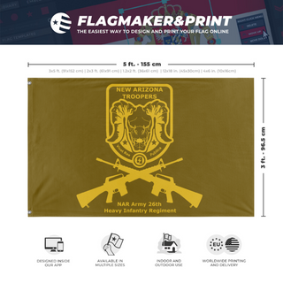 A mockup depicting custom flag specifications and measurements for 'New Arizona Troopers 26th Heavy Infantry Regiment flag'
